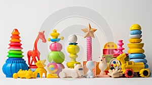 Colorful assortment of children\'s toys arranged neatly on a white background, featuring various shapes and textures