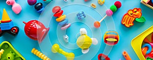 Colorful assortment of children's toys scattered on a blue background