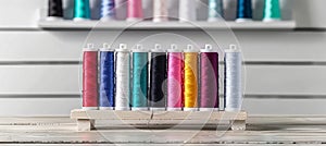 Colorful assortment of cotton threads on spools for sewing and embroidery projects