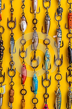Colorful Assortment of Fishing Lures and Hooks on a Bright Yellow Background for Hobby and Sport Fishing