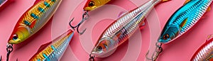 Colorful Assortment of Fishing Lures on Vibrant Pink Background for Angling and Tackle Concepts photo