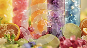 Colorful Assortment of Flavored Iced Drinks With Fresh Fruits