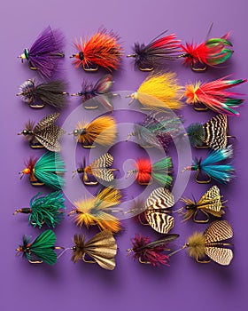 Colorful Assortment of Fly Fishing Lures on Purple Background for Angling and Tying Hobbyists photo