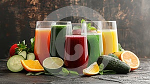 Colorful Assortment of Fresh Fruit and Vegetable Juices on Rustic Background