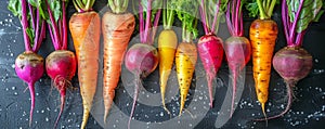 Colorful Assortment of Fresh Organic Root Vegetables on Dark Background