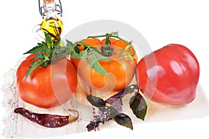 Colorful assortment of fresh  tomatoes ,basil,olive oil