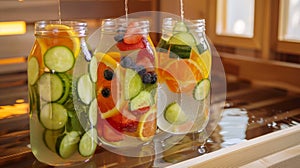 A colorful assortment of fruitinfused water waiting to be enjoyed while sweating out toxins in the infrared sauna. photo