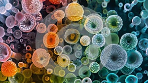 A colorful assortment of fungal spores ranging in size and shape captured in a microscopic world teeming with life. .
