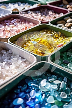 Colorful Assortment of Gemstones in Market Bins