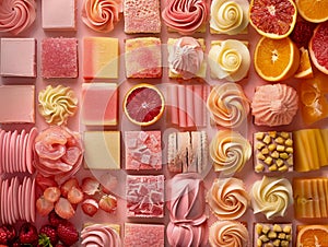 Colorful Assortment of Gourmet Sweets and Confections Displayed in a Tantalizing Pattern photo