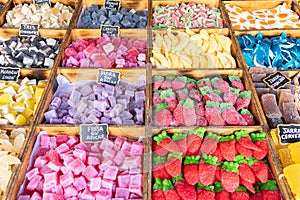 Colorful assortment of homemade candies with fruit flavors.