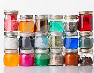 Colorful assortment of jars filled with various substances on a white background