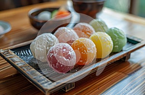 Colorful assortment of mochi ice cream on a wooden tray