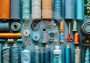 A colorful assortment of sewing supplies, including scissors, spools of thread, and other assorted items