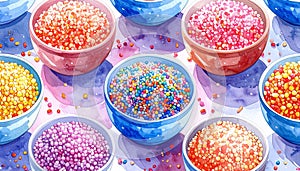 Colorful Assortment of Small Beads in Bowls