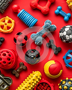 Colorful Assortment of Various Dog Toys on Vibrant Red Background, Pet Play and Training Accessories