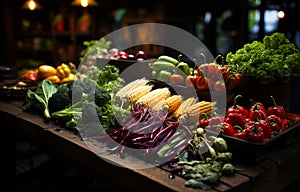 A colorful assortment of vegetables displayed on a table. Vegetables on a table in a market