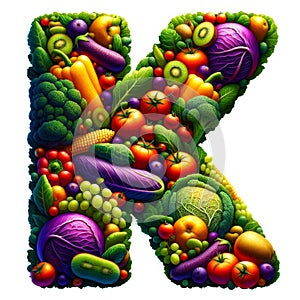 Colorful assortment vitamin K vegetables and fruits, creatively arranged in the shape of letter K