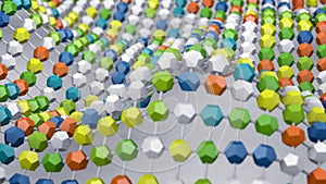 Colorful atom grid structure 3D render