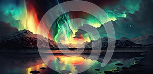 Colorful Aurora Borealis Northern Lights. Streaming color over winter landscape. Mountains, trees, lake at night.