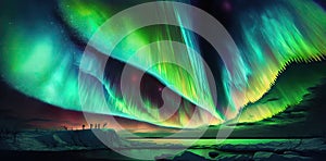 Colorful Aurora Borealis Northern Lights. Streaming color over winter landscape. Mountains, trees, lake at night.