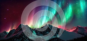 Colorful Aurora Borealis Northern Lights. Streaming color over winter landscape. Mountains, trees, lake at night.