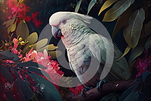 Colorful Australian Cockatoo Parrot in Tropical Rainforest with Exotic Plants and Flowers. Generative AI