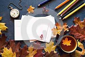 Colorful autumn background with a cup of tea and clean white cards for your text, with bright autumn leaves, pocket watch and colo