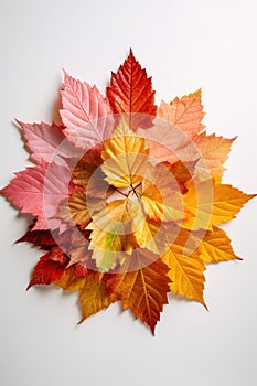 Colorful autumn dead leaves isolated on white paper background.