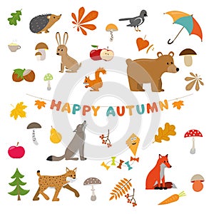 Colorful autumn elements such as leaves, mushrooms, animals, apple, umbrella. Cute vector illustration with cartoon fall