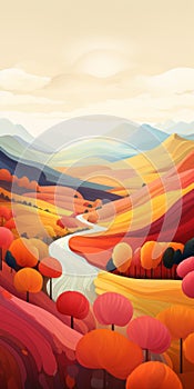 Colorful Autumn Fields Vector Illustration With River