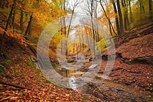 colorful autumn forest with long trails, streams and waterfalls