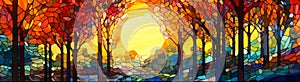 Colorful autumn forest scene at sunset with vibrant hues of orange and yellow .