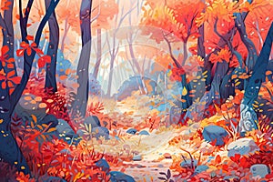 Colorful autumn forest with winding narrow path. Generative AI illustration in storybook style