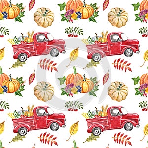 Colorful autumn harvest seamless pattern. Vintage red truck with pumpkins, flowers and leaf on white background. Thanksgiving day