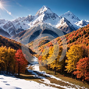 Colorful autumn landscape in the Caucasus mountains. Sunny morning scene with mountain Ushba on the background.