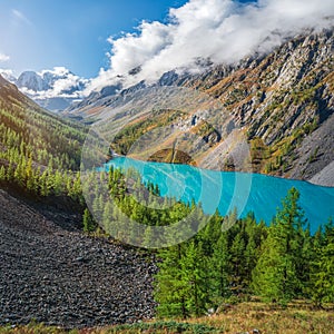 Colorful autumn landscape with clear mountain lake in forest among fir trees in sunshine. Bright scenery with beautiful turquoise