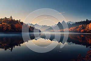 Colorful autumn landscape with lake and mountains reflected in water at sunrise