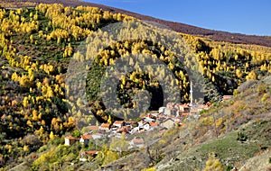 Colorful autumn landscape in the mountain village.