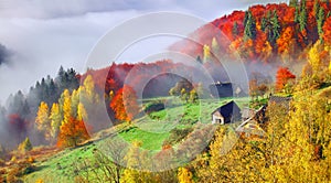 Colorful autumn landscape in the mountain village. Foggy morning