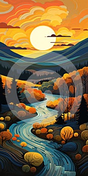 Colorful Autumn Landscape Painting Vector Illustration