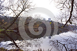 Colorful autumn landscape reflection in calm lake.