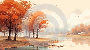 Colorful Autumn Landscape: Serene Ink Paintings With Warm Tones