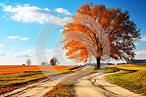 Colorful autumn landscape with a tree near a country road in a rural field