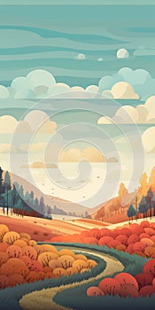 Colorful Autumn Landscape Vector Illustration With Modern Art Style