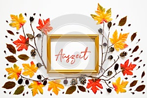 Colorful Autumn Leaf Decoration, Golden Frame, Text Auszeit Means Downtime