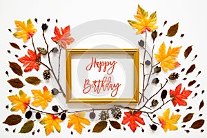 Colorful Autumn Leaf Decoration, Golden Frame, Text Happy Birthday