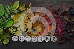 Colorful autumn leaves with word OCTOBER