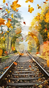 Colorful autumn leaves falling down on railway tracks