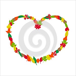 Colorful autumn leaves frame in the shape of a heart. Vector illustration on white background